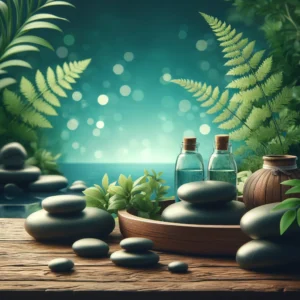 DALL·E 2024 05 07 14.15.40 A soothing image depicting a serene spa setting with natural elements like stones water and green plants. The scene should convey a sense of calm an Accueil http://www.emosana.ch Hervé Barrilliet, Thérapeute Magnétiseur et Praticien LaHoChi | Soins Énergétiques Intuitifs à Lausanneel | Soins & Accompagnement à Lausanne