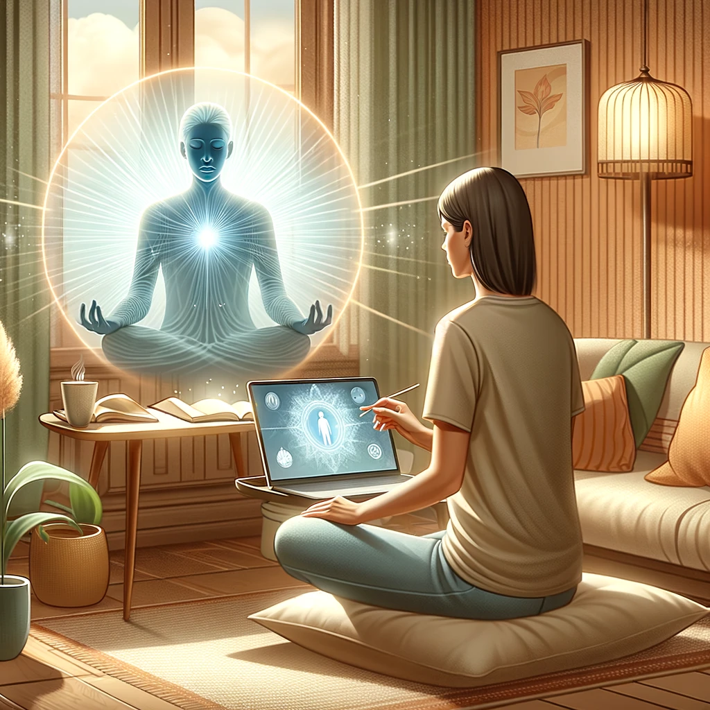 DALL·E 2024 05 09 17.41.03 A serene digital illustration showing a person receiving distant energy healing. The scene includes a calm individual sitting comfortably in their hom Soins à distance http://www.emosana.ch Hervé Barrilliet, Thérapeute Magnétiseur et Praticien LaHoChi | Soins Énergétiques Intuitifs à Lausanneel | Soins & Accompagnement à Lausanne