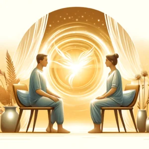 DALL·E 2024 05 12 08.23.24 An illustration for a therapeutic setting featuring two individuals sitting across from each other in a peaceful environment. They are surrounded by Accueil http://www.emosana.ch Hervé Barrilliet, Thérapeute Magnétiseur et Praticien LaHoChi | Soins Énergétiques Intuitifs à Lausanneel | Soins & Accompagnement à Lausanne