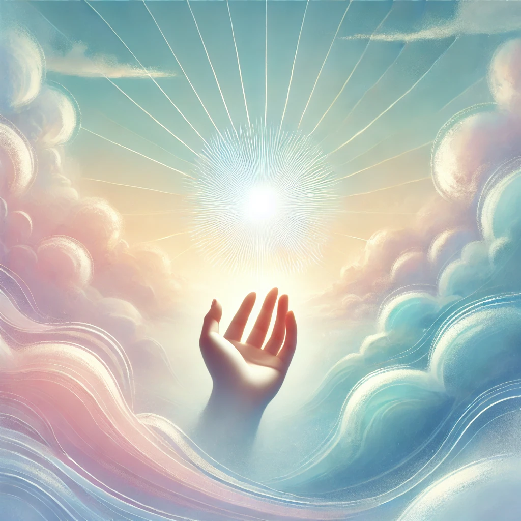 DALL·E 2024 09 08 16.55.55 A peaceful and calming illustration for a spiritual guidance service. The image shows an open hand reaching towards a soft glowing light that shines Guidance http://www.emosana.ch Hervé Barrilliet, Thérapeute Magnétiseur et Praticien LaHoChi | Soins Énergétiques Intuitifs à Lausanneel | Soins & Accompagnement à Lausanne